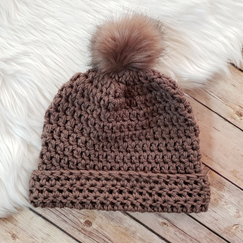 Taupe Crochet Beanie, Fur Pom Pom, Cute Hats, Gift